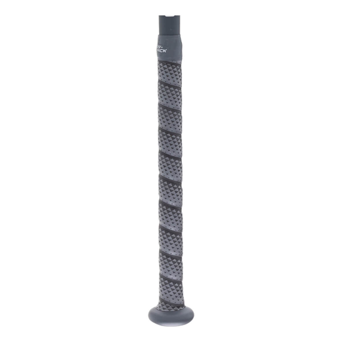 Close-up side view of a dark gray bat handle with a textured diamond-patterned grip and a rounded knob.