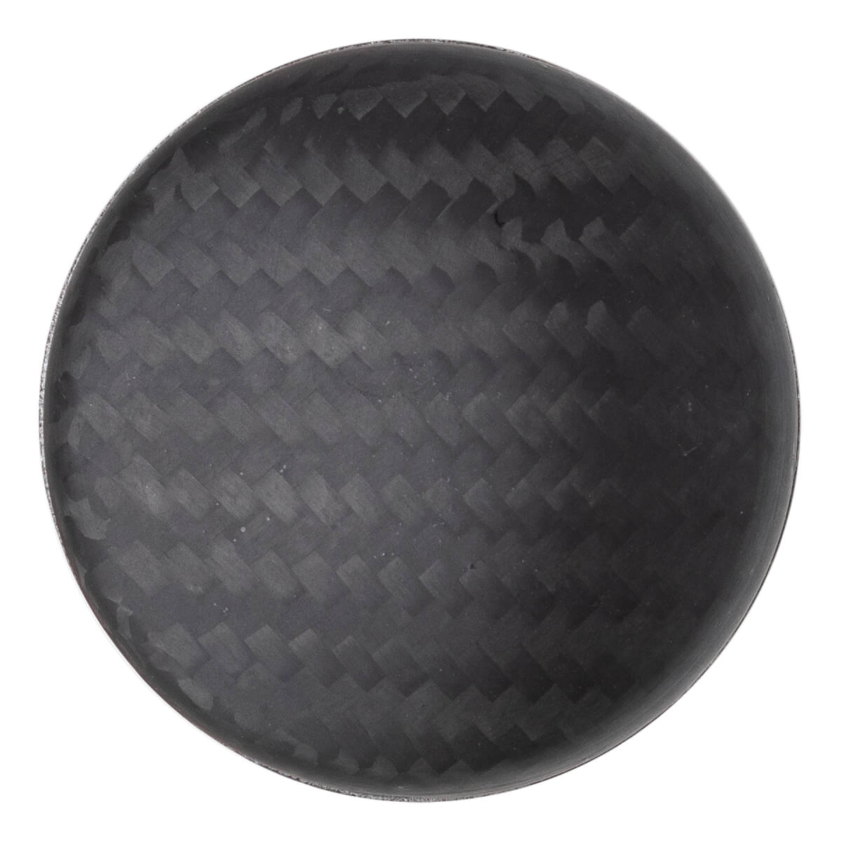 Top-down view of a black circular bat end cap with a woven carbon fiber texture.