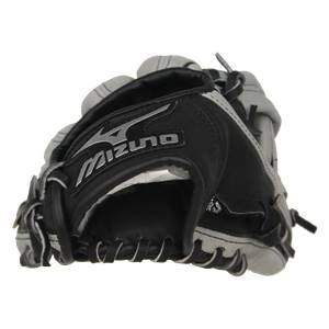 Corner view of a black and gray youth baseball glove with Mizuno branding and white lacing.