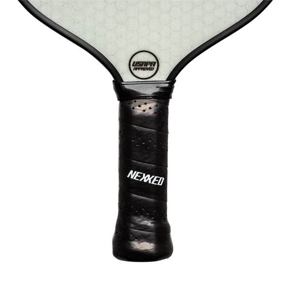 Close-up of a black pickleball paddle grip with NEXXED branding and a textured surface.
