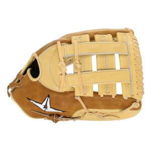 Top-down view of a tan and brown softball glove with a white star logo and tan lacing.
