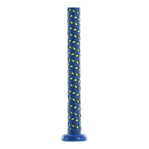 Close-up of a blue baseball bat grip with a diamond pattern and yellow accents.