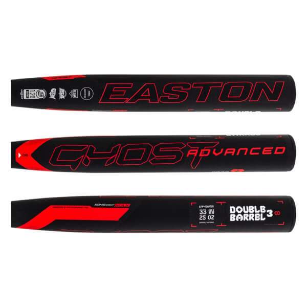 Side view of a black fastpitch softball bat barrel with red Easton and Ghost Advanced logos, and 33 IN 25 OZ DOUBLE BARREL 3 text.