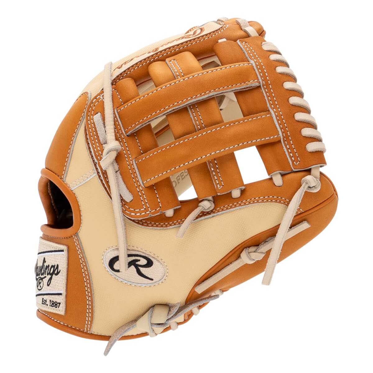 Side view of a tan and cream baseball glove with tan lacing and a Rawlings logo.