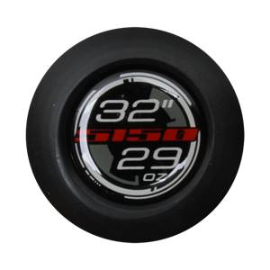 End cap view of a black baseball bat with 32 29 oz and 5150 graphics.