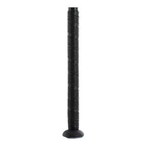 Close-up of a black baseball bat grip with a textured pattern and a blue end cap.