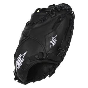 Front view of a black catchers mitt with white logos and adjustable strap.