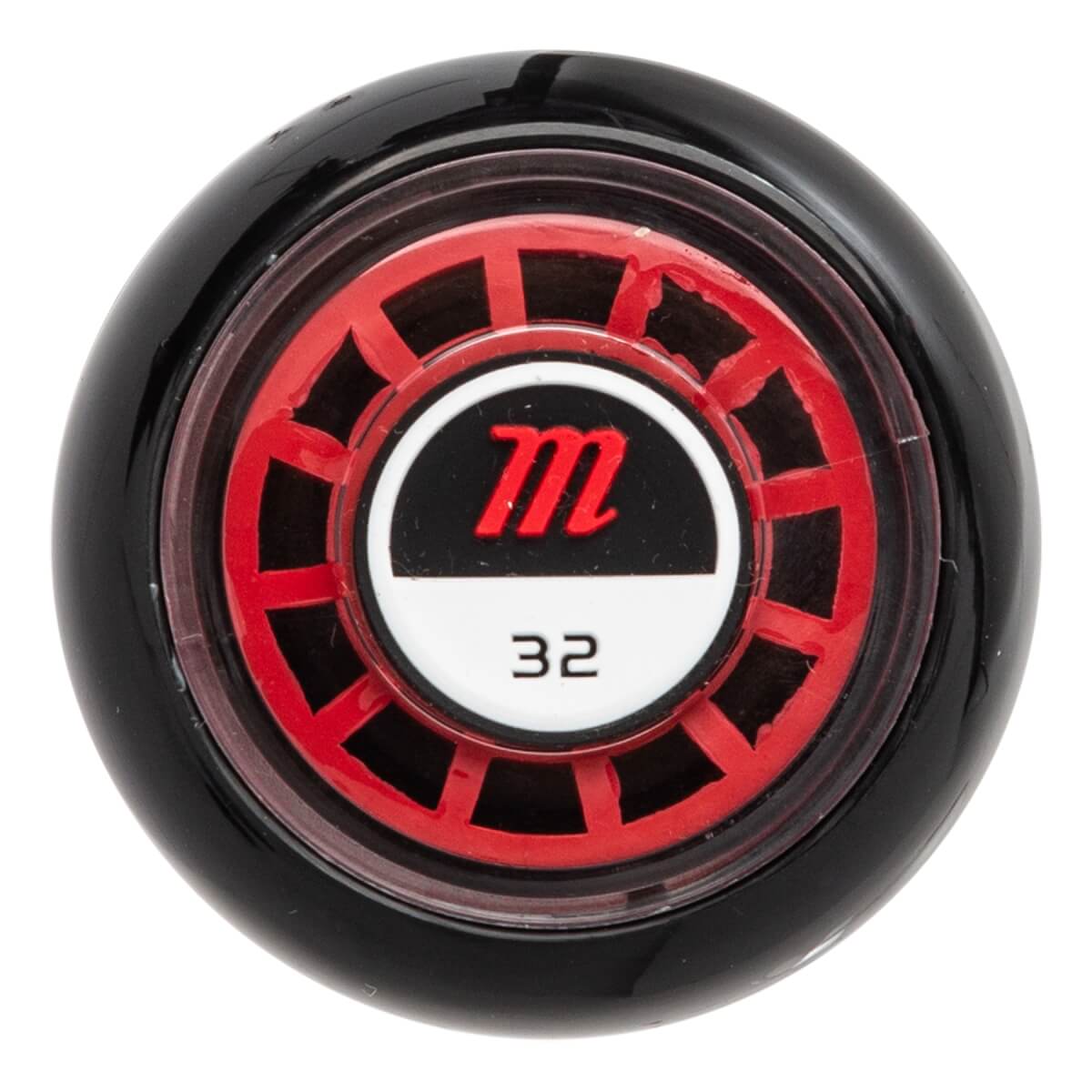 Top-down view of a black baseball bat with a red circular insert featuring a red m logo and the number 32.