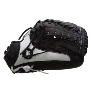 Side view of a black and white softball glove with braided lacing and a white wrist strap.