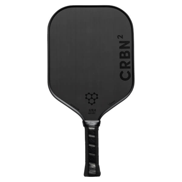 Front view of a black CRBN² pickleball paddle with CRBN² text, a honeycomb logo, and USA text.