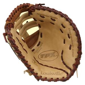 Top-down view of a tan Louisville Slugger Omaha Crossover Series youth first base mitt with TPX and Louisville branding.