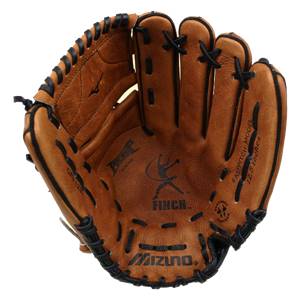 Top-down view of a brown fastpitch glove with black lacing, Finch logo, and Mizuno branding.