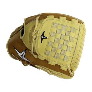 Top-down view of a tan and cream fastpitch softball glove with a woven pocket and black star logos.