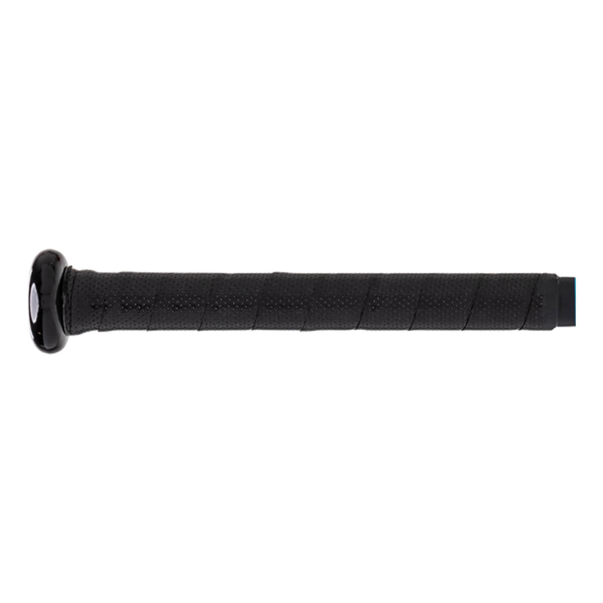 Side view of a black baseball bat with a textured grip and a rounded end cap.