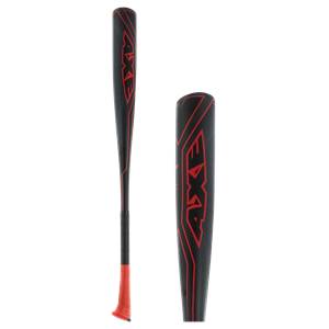 Side view of a black AXE baseball bat with red accents and a red grip.