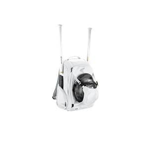 Front view of a white bat bag with two bats and a helmet.