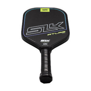 Front view of a black pickleball paddle with white SLK branding, yellow ATLAS XL text, and a black grip.