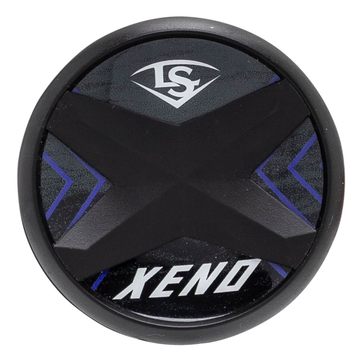 Top-down view of a black softball bat end cap with a central X-design, white LS logo, XENO text, and blue accents.