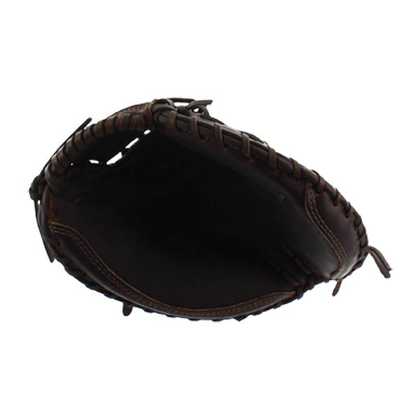 Top-down view of a brown catchers mitt with stitched lacing and a deep pocket.