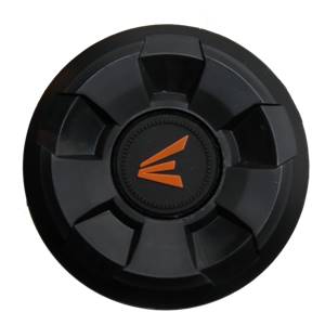 Top-down view of a black baseball bat end cap with an orange Easton logo and segmented design.