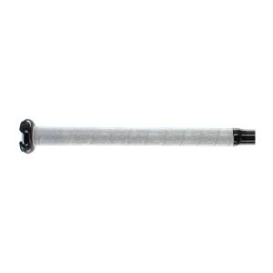 Side view of a white fastpitch softball bat with a patterned grip and black end cap.