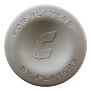 Top-down view of a gray baseball bat end cap with a C logo and embossed text FOR PLAYERS BY PLAYERS.