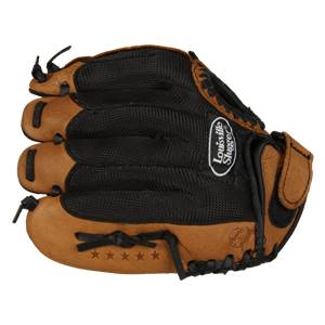 Top-down view of a brown and black Louisville Slugger youth baseball glove with five stars and a logo.