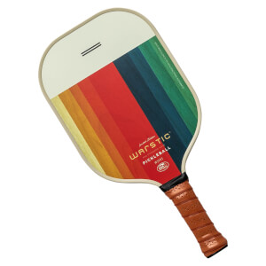 Top-down view of a multi-colored pickleball paddle with a striped design and Warstic branding.
