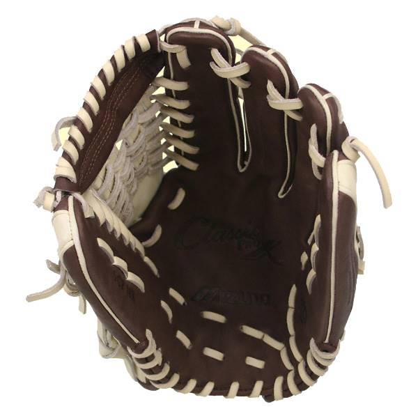 Top-down view of a brown baseball glove with white lacing and Classic X and Mizuno branding.