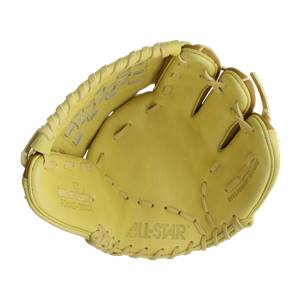 Top-down view of a yellow All-Star fastpitch softball glove with 12 and FGWAS-1200CK embossed on the heel.