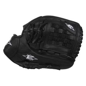 Side view of a black baseball glove with white Easton branding and a woven pocket.