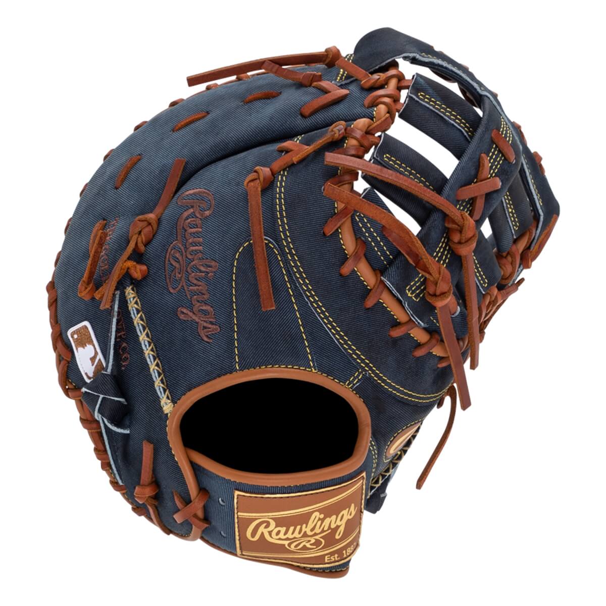 Top-down view of a blue denim baseball glove with brown lacing and Rawlings branding.