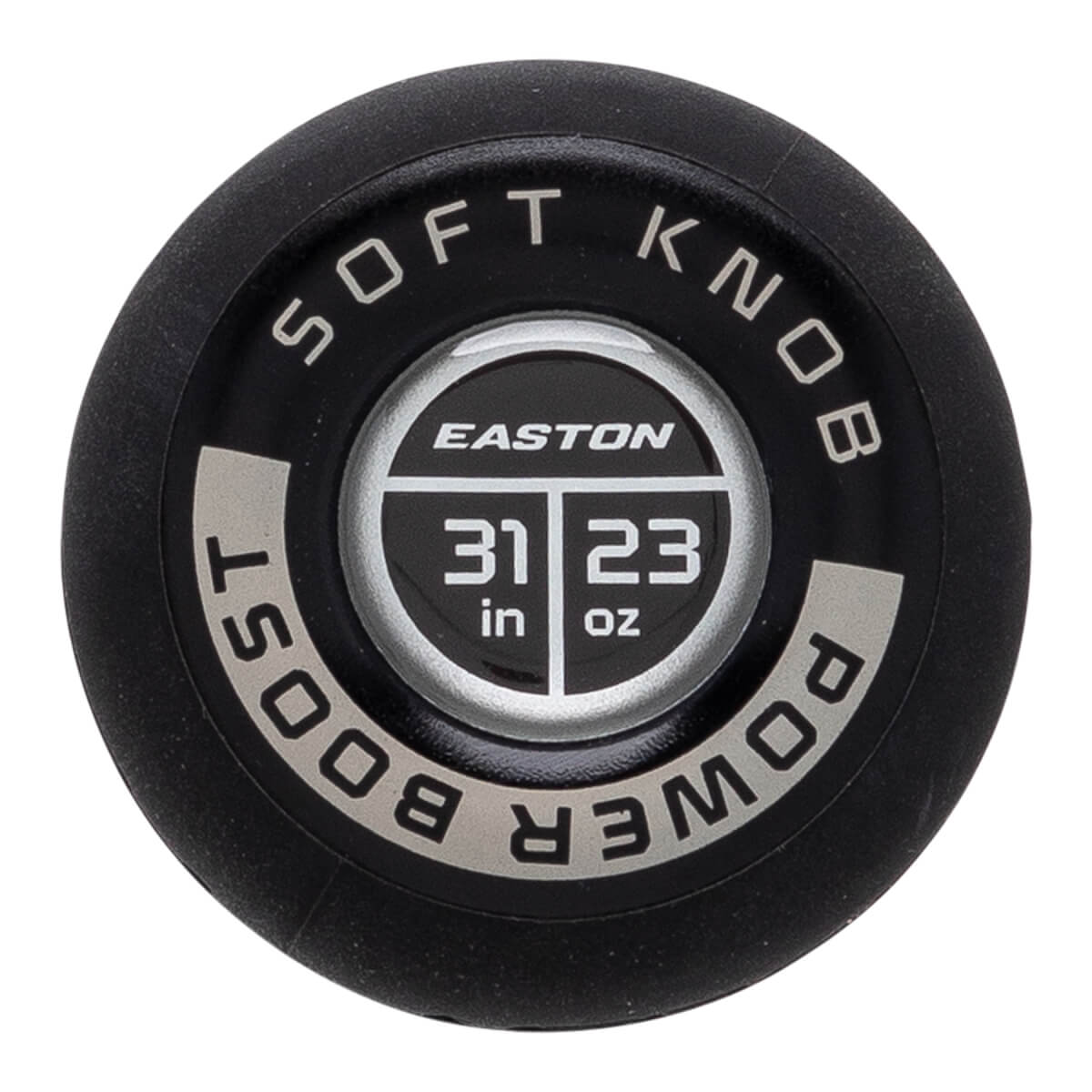 Top-down close-up of a black bat knob with SOFT KNOB POWER BOOST text and EASTON 31 in 23 oz details.