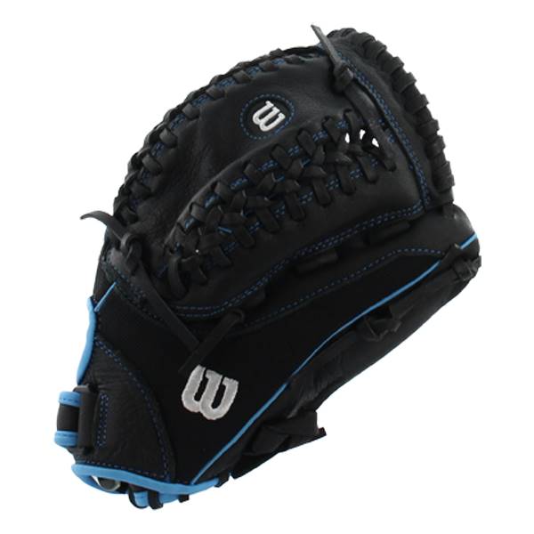 Corner view of a black fastpitch glove with blue stitching and white Wilson logos.