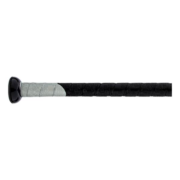 Side view of a black baseball bat with a silver grip and black patterned grip.