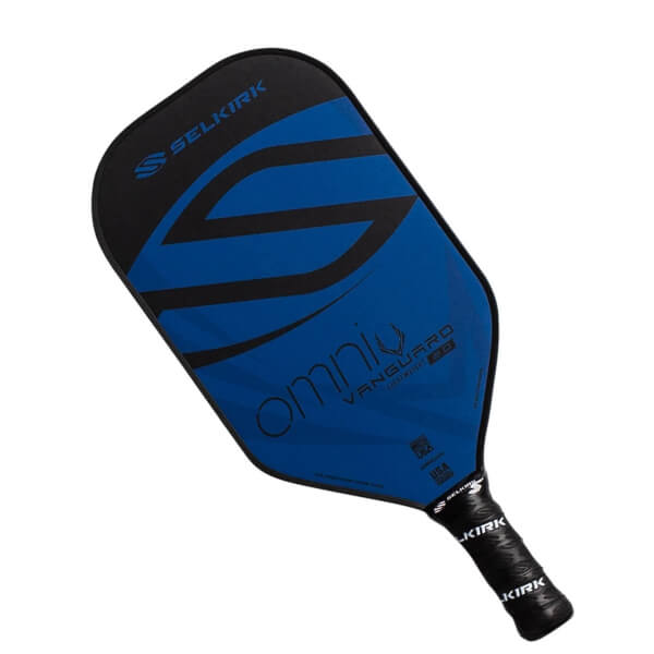 Top-down view of a blue Selkirk VANGUARD 2.0 Omni pickleball paddle with black accents and grip.