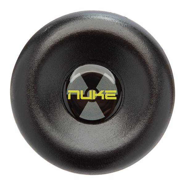 Top-down view of a black baseball bat end cap with a yellow NUKE logo and radiation symbol.