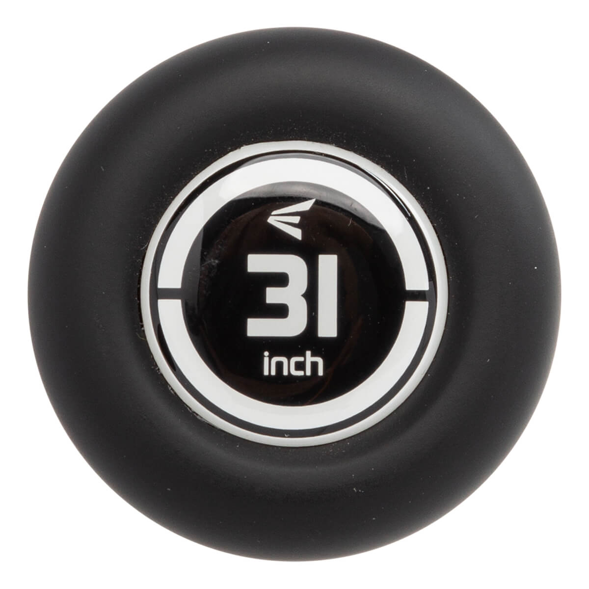 End cap view of a black baseball bat with a white Easton logo and 31 inch text.