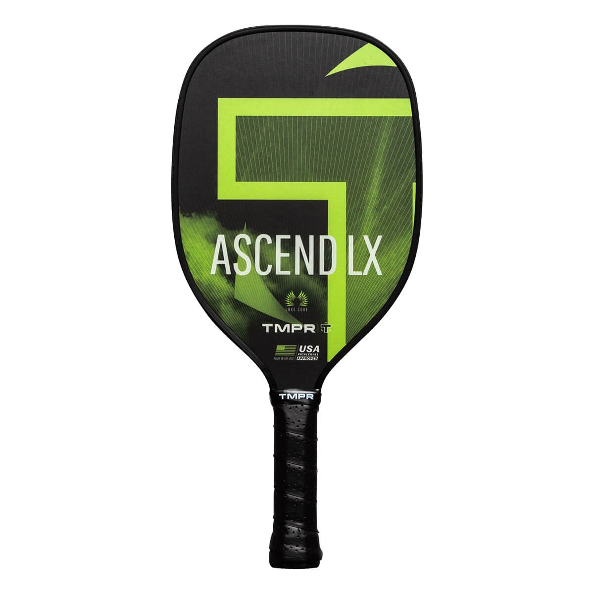 Front view of a black pickleball paddle with a lime green 5 graphic, ASCEND LX text, and USA logo.
