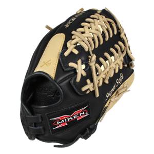 Side view of a black baseball glove with tan lacing, Super Soft text, and Miken logo.