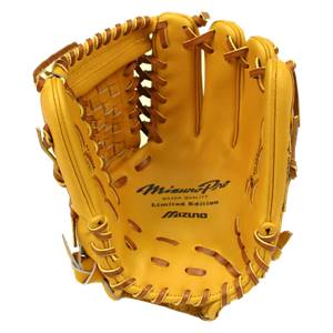 Interior view of a tan Mizuno Pro baseball glove with Mizuno Pro, Major Quality, and Limited Edition text.