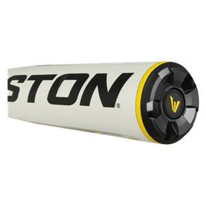 Side view of a white baseball bat with black EASTON text and a black end cap with yellow trim.