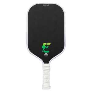 Front view of a black pickleball paddle with a green E logo and white grip.