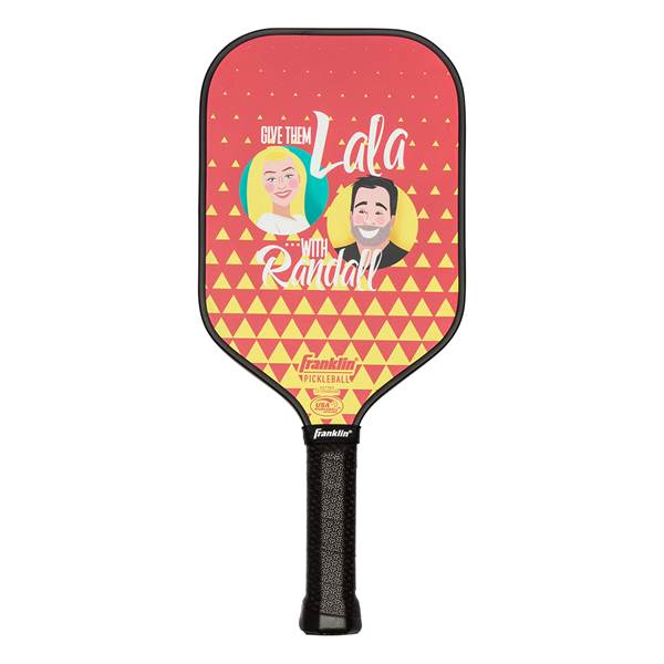 Front view of a red pickleball paddle with Give Them Lala... With Randall text and cartoon portraits.