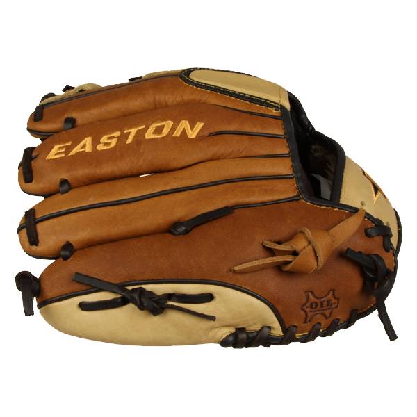 Top-down view of a brown baseball glove with EASTON branding and tan accents.