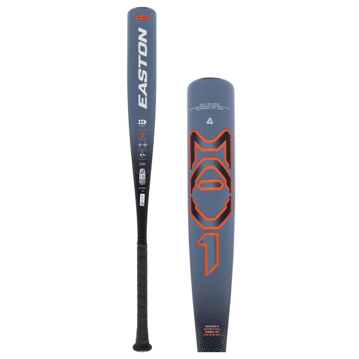 Split view of a gray baseball bat with EASTON logo, black grip, and large orange MAV1 graphic on the barrel.