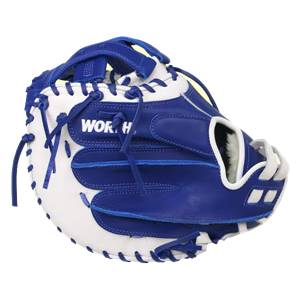 Front view of a royal blue and white catchers mitt with WORTH visible and white fur lining.