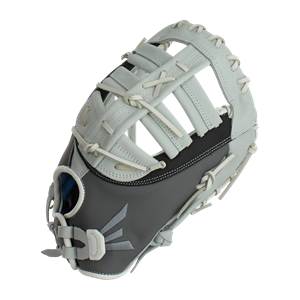 Side view of a gray and white Easton Ghost 13 Fastpitch First Base Mitt with a webbed pocket and adjustable strap.