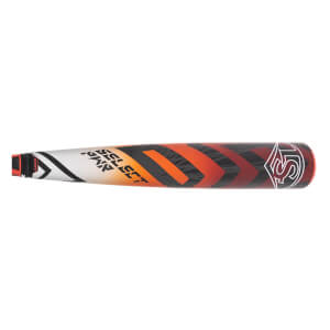 Side close-up view of the bat barrel features white, orange, and black chevron patterns with "SELECT PWR" text and a white Louisville Slugger logo.