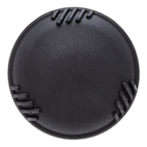 Top-down view of a black baseball bat end cap with a textured surface and raised diagonal stitching-like lines.